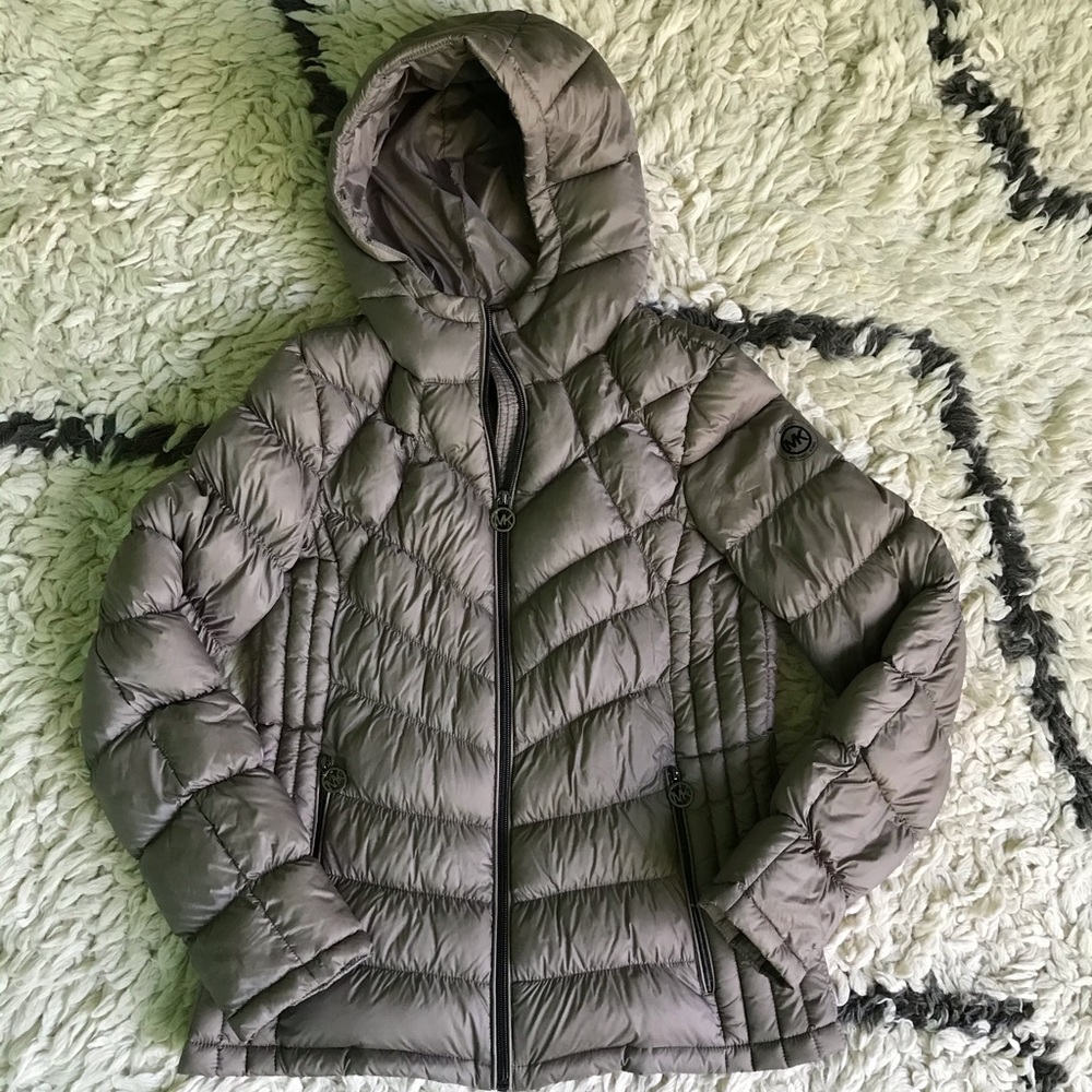 Michael Kors Hooded Puffer Jacket in Taupe